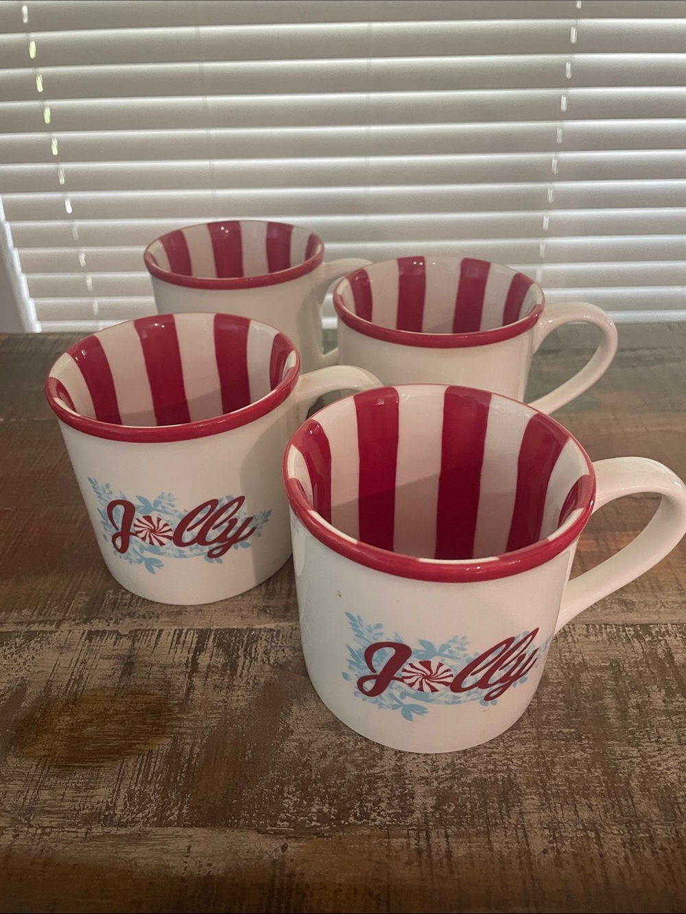 Starbucks 2007 Jolly White Mug with Red Stripe Interior and Blue Accent Set